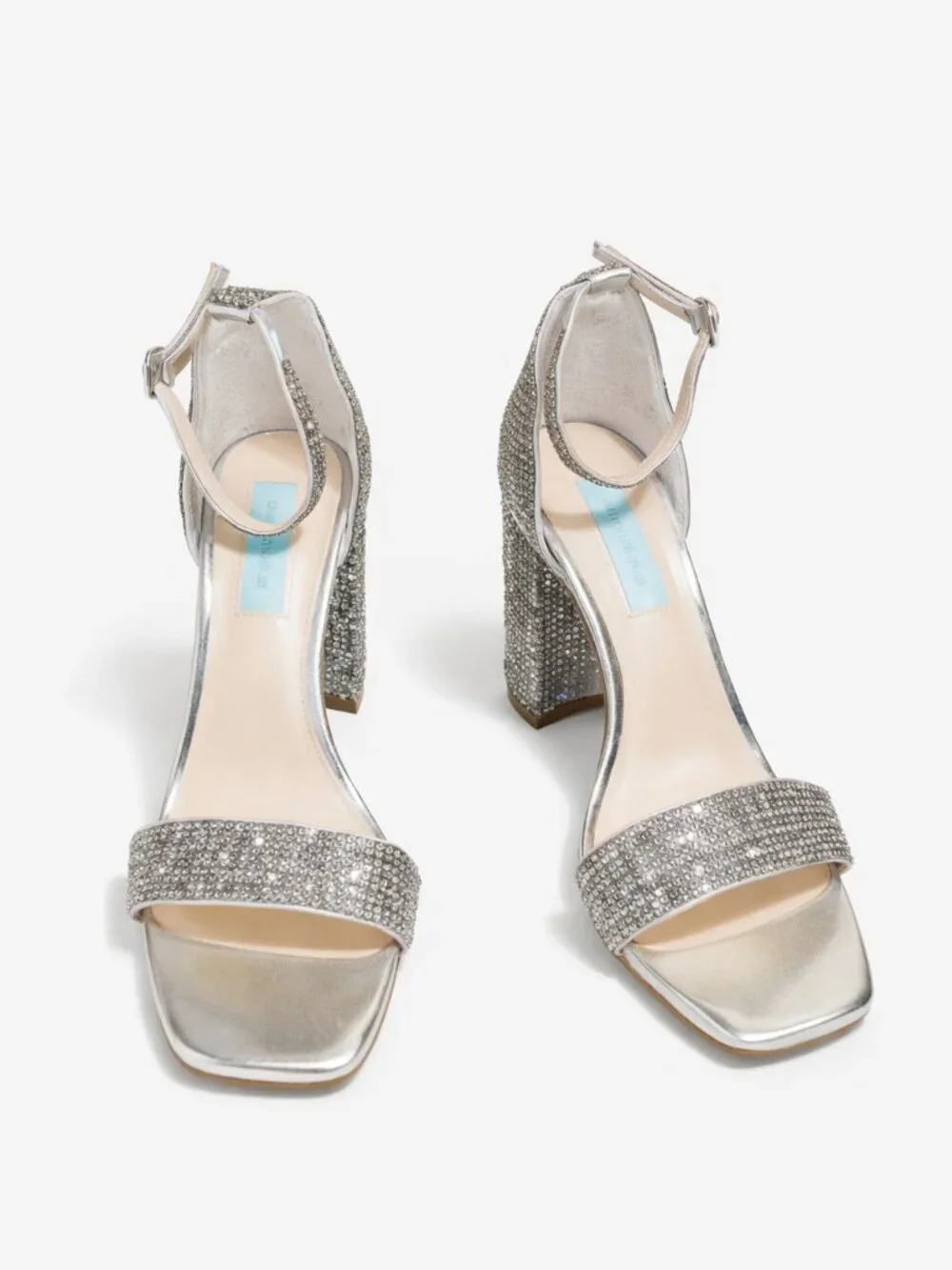Betsey Johnson Rina Silver Rhinestone Block‑Heel Sandals – Size 8.5